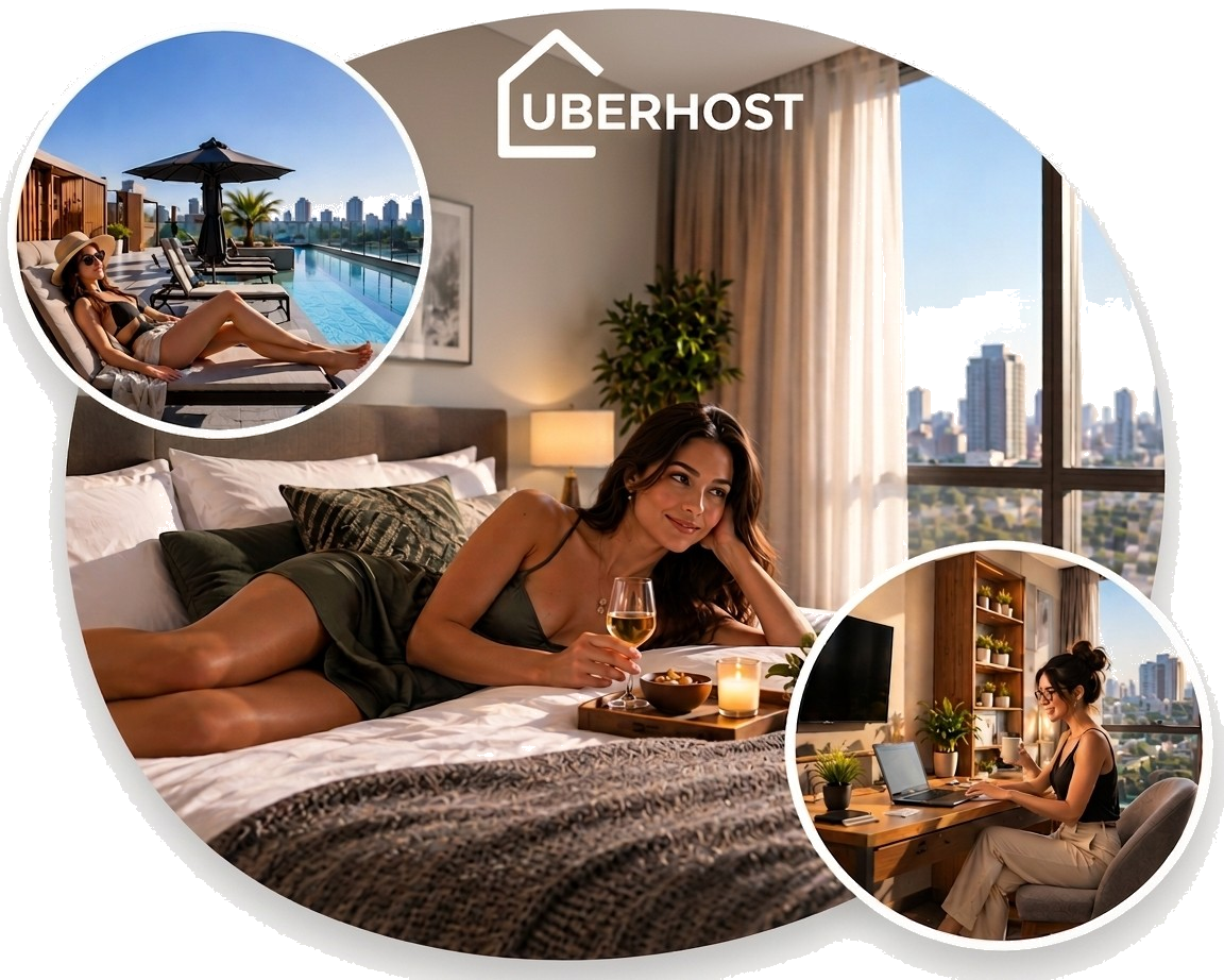 Hóspede aproveitando um apartamento UberHost